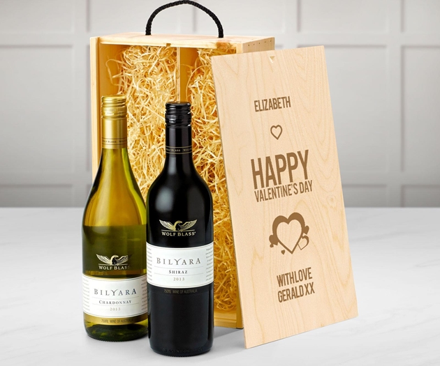 Valentine's Day Australian Red & White Wine Gift Box With Engraved Personalised Lid